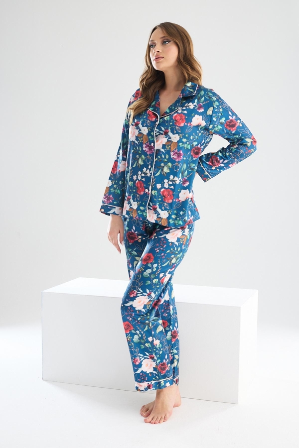 Perla Mavi İpek Saten Çiçek Desenli Kadın Pijama Takımı 8002MS - 5