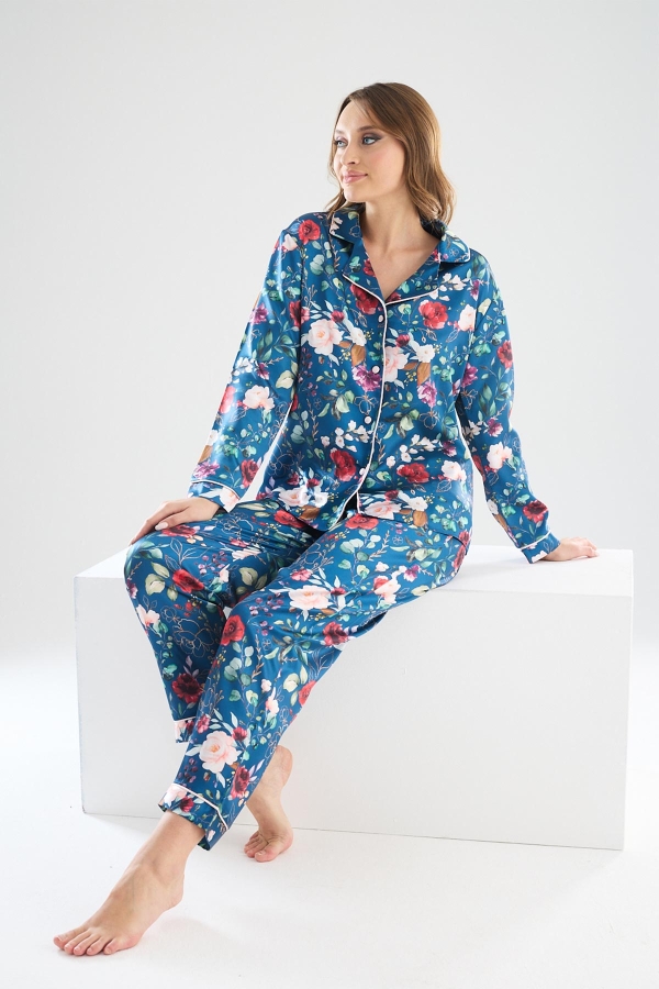 Perla Mavi İpek Saten Çiçek Desenli Kadın Pijama Takımı 8002MS - 1
