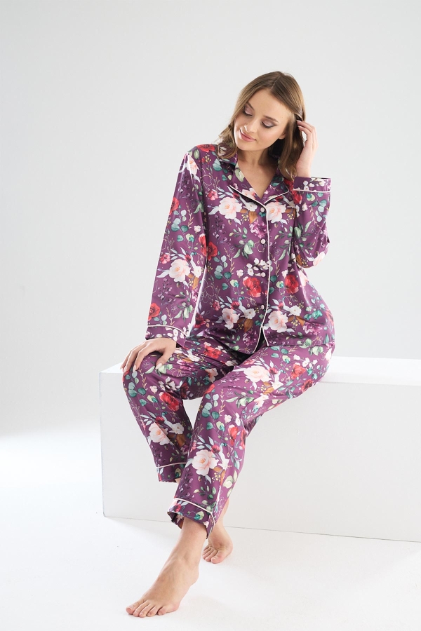 Perla Mürdüm İpek Saten Çiçek Desenli Kadın Pijama Takımı 8002MS - 3