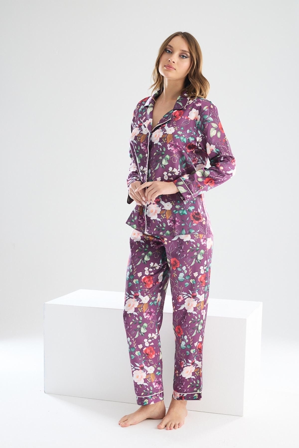 Perla Mürdüm İpek Saten Çiçek Desenli Kadın Pijama Takımı 8002MS - 2