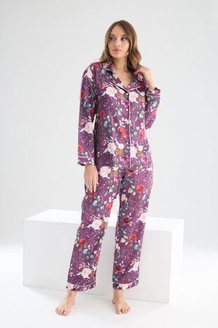 Perla Mürdüm İpek Saten Çiçek Desenli Kadın Pijama Takımı 8002MS - 4