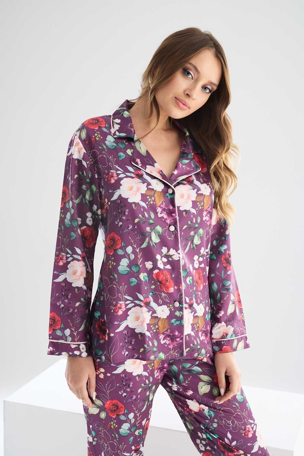Perla Mürdüm İpek Saten Çiçek Desenli Kadın Pijama Takımı 8002MS - 1