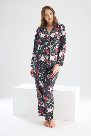 Perla Siyah İpek Saten Çiçek Desenli Kadın Pijama Takımı 8002MS - 6