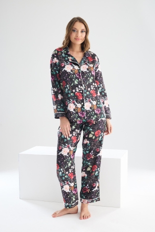 Perla Siyah İpek Saten Çiçek Desenli Kadın Pijama Takımı 8002MS - 3