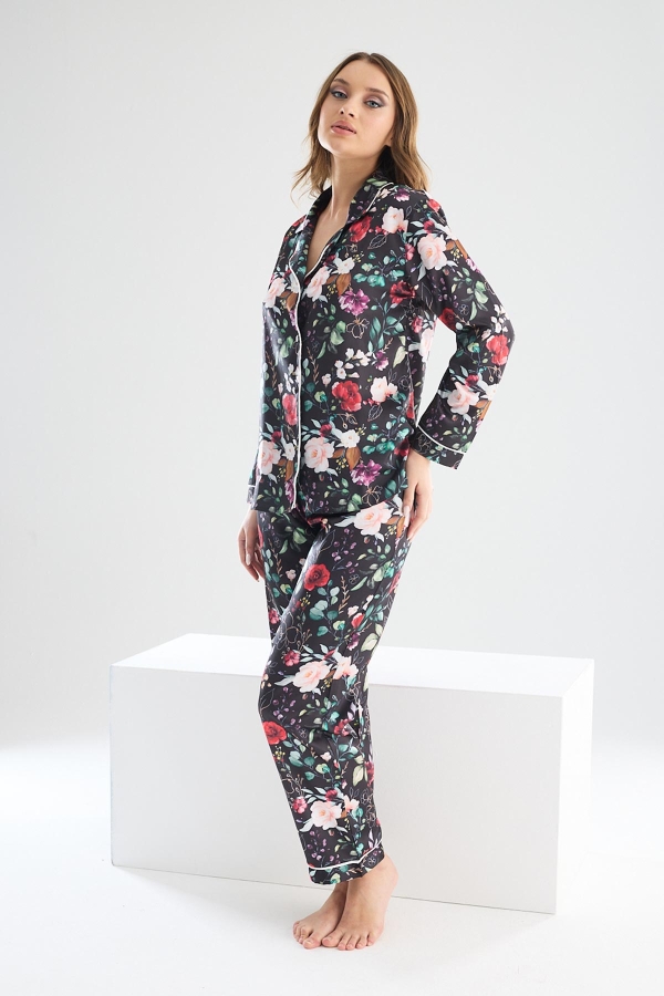 Perla Siyah İpek Saten Çiçek Desenli Kadın Pijama Takımı 8002MS - 1