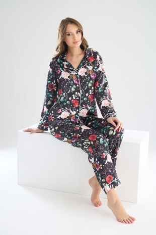 Perla Siyah İpek Saten Çiçek Desenli Kadın Pijama Takımı 8002MS - 5
