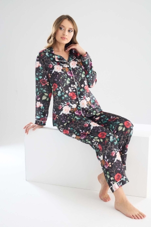 Perla Siyah İpek Saten Çiçek Desenli Kadın Pijama Takımı 8002MS - 2