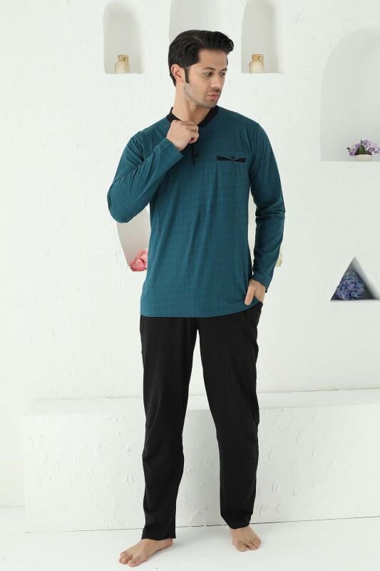 Petrol Mini Puantiyeli Likralı Erkek Pijama Takımı 1190UKL - 2