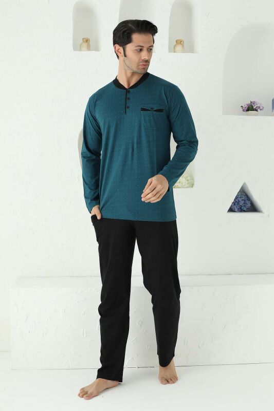 Petrol Mini Puantiyeli Likralı Erkek Pijama Takımı 1190UKL - 1