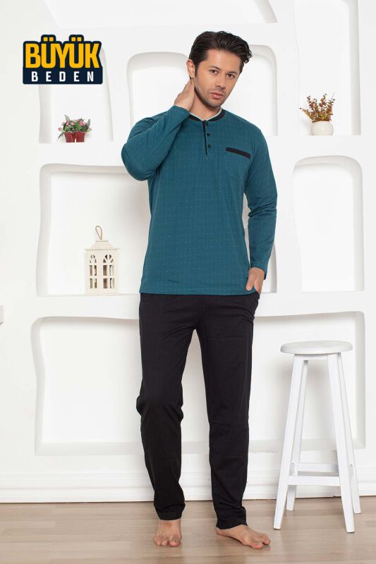 Büyük beden Erkek Pijama Takımı - Petrol Renk Uzun Kollu Penye 1204UYB - 2
