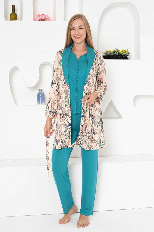 Sabahlıklı Pijama Takımı - Zümrüt Dantel Detaylı 3 Parça Likralı 2741 - Alimer