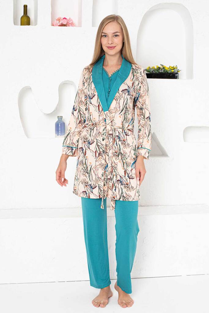 Sabahlıklı Pijama Takımı - Zümrüt Dantel Detaylı 3 Parça Likralı 2741 - 4