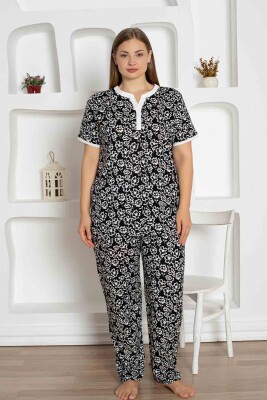 Siyah Çiçek Desenli Büyük Beden Bayan Pijama Takımı 2795KYB - Alimer