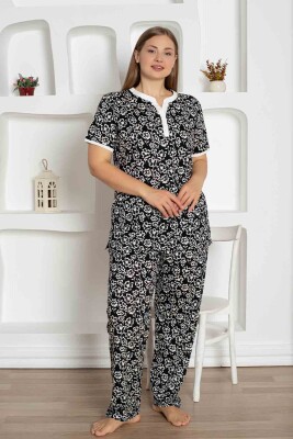Siyah Çiçek Desenli Büyük Beden Bayan Pijama Takımı 2795KYB - Alimer (1)