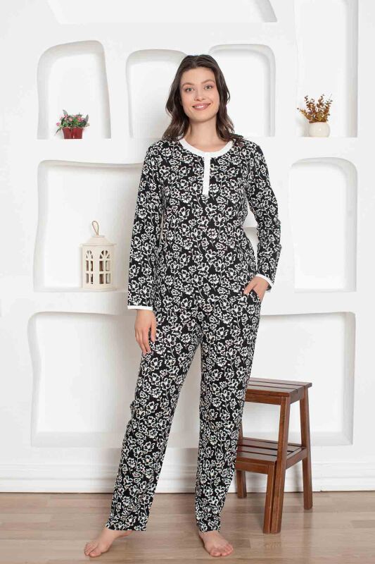 Siyah Çiçek Desenli Penye Bayan Pijama Takımı 2794UY - 1