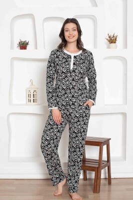 Siyah Çiçek Desenli Penye Bayan Pijama Takımı 2794UY - 2