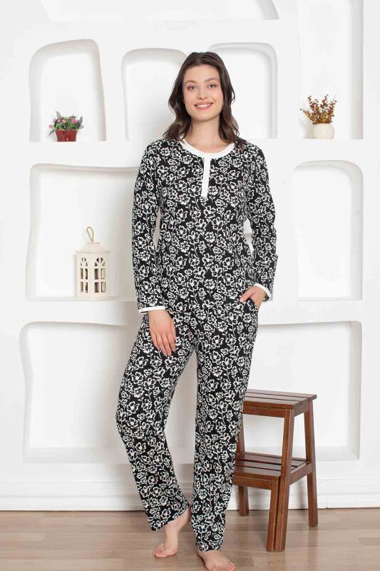 Siyah Çiçek Desenli Penye Bayan Pijama Takımı 2794UY - 2