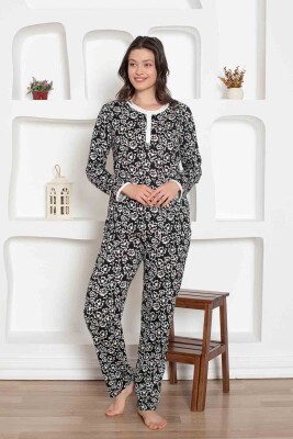 Siyah Çiçek Desenli Penye Bayan Pijama Takımı 2794UY - 3