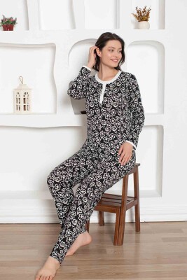 Siyah Çiçek Desenli Penye Bayan Pijama Takımı 2794UY - 4