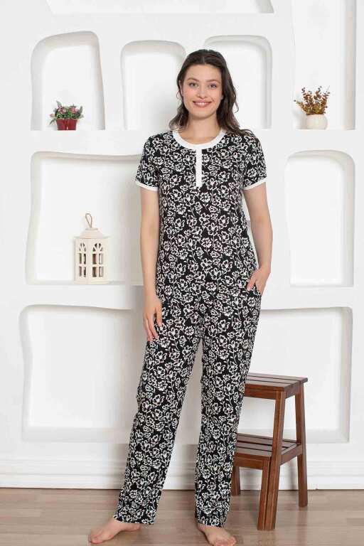 Siyah Çiçek Desenli Penye Bayan Pijama Takımı 2794KY - Alimer