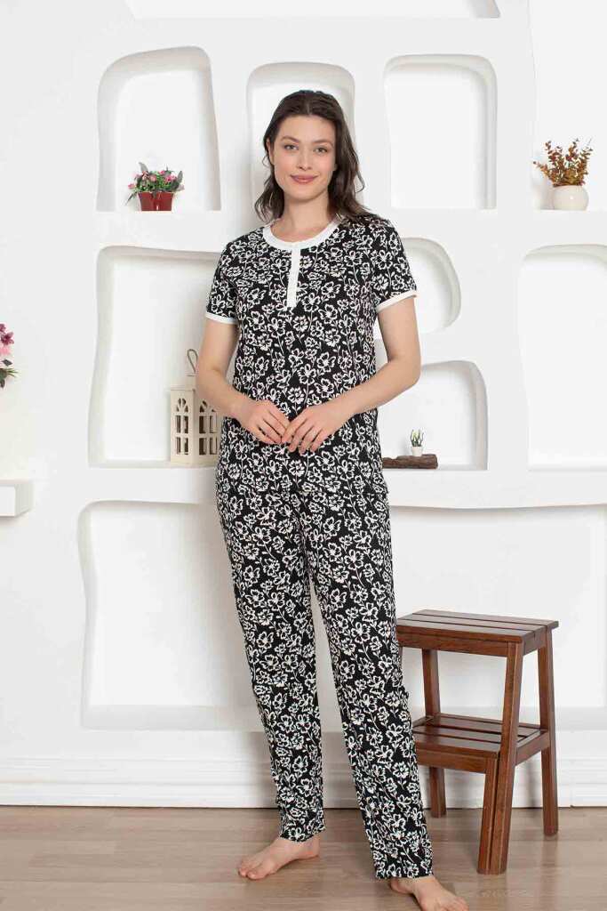 Siyah Çiçek Desenli Penye Bayan Pijama Takımı 2794KY - 4