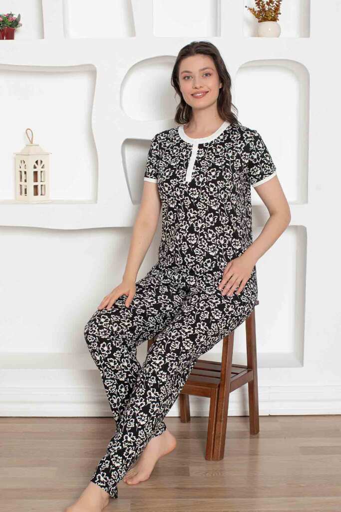 Siyah Çiçek Desenli Penye Bayan Pijama Takımı 2794KY - 2