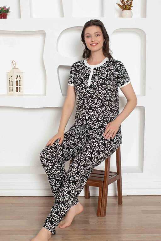 Siyah Çiçek Desenli Penye Bayan Pijama Takımı 2794KY - Alimer (1)