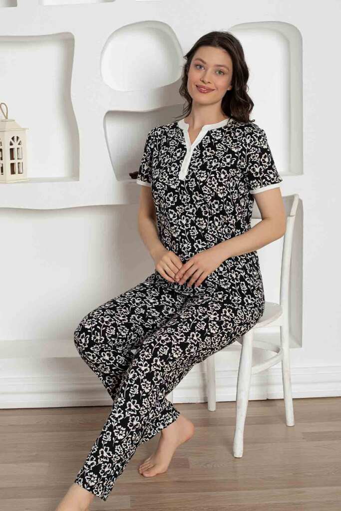 Siyah Çiçek Desenli Penye Bayan Pijama Takımı 2795KY - 2