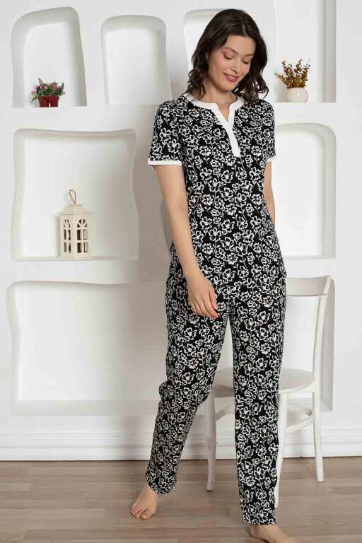 Siyah Çiçek Desenli Penye Bayan Pijama Takımı 2795KY - Alimer