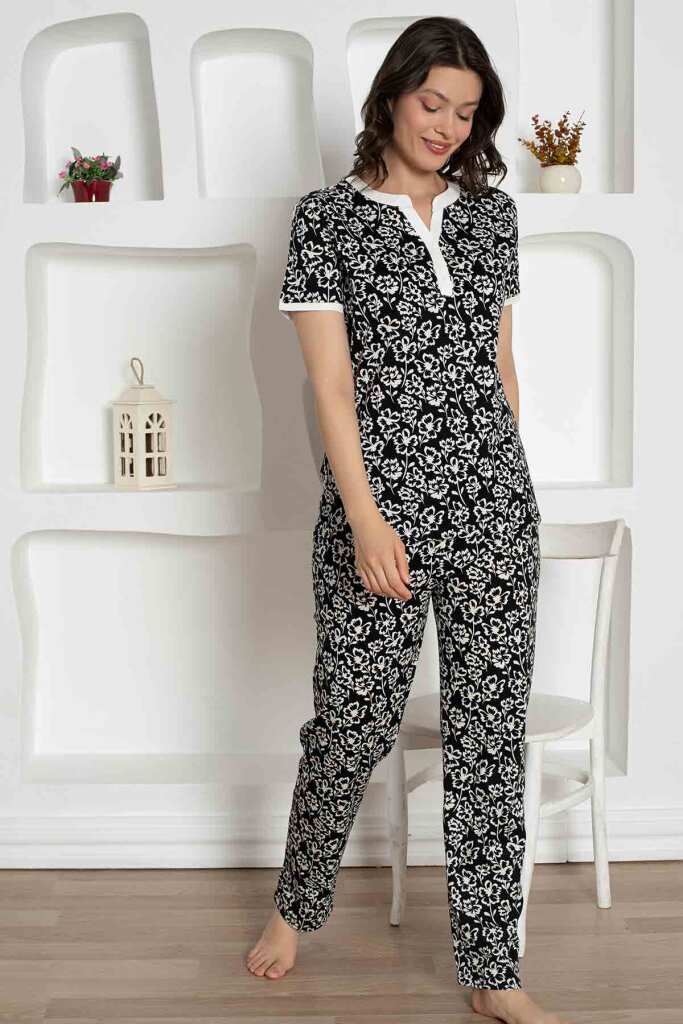 Siyah Çiçek Desenli Penye Bayan Pijama Takımı 2795KY - 1