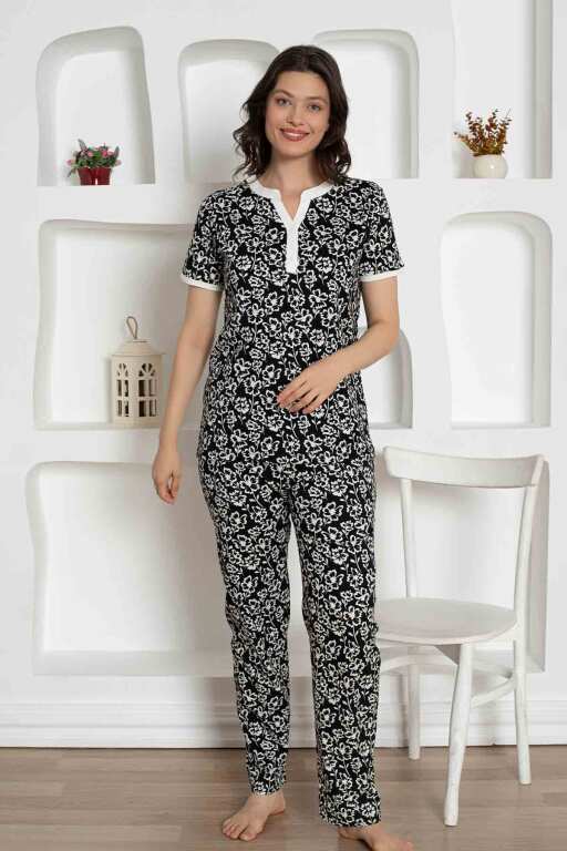 Siyah Çiçek Desenli Penye Bayan Pijama Takımı 2795KY - 3