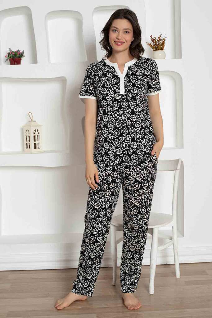 Siyah Çiçek Desenli Penye Bayan Pijama Takımı 2795KY - 4