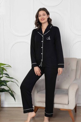 Siyah Önden Düğmeli Bayan Pijama Takımı 2782UK - 2
