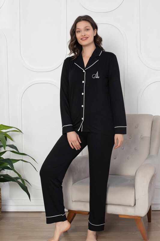 Siyah Önden Düğmeli Bayan Pijama Takımı 2782UK - 2