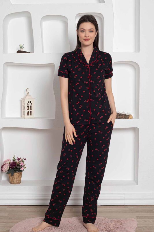 Siyah Önden Düğmeli Kalp Desenli Bayan Pijama Takımı 2785KY - 1