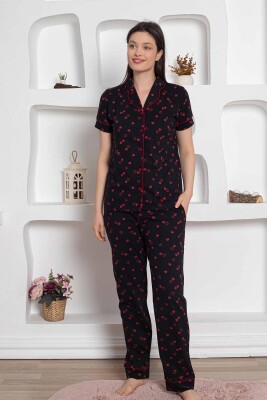 Siyah Önden Düğmeli Kalp Desenli Bayan Pijama Takımı 2785KY - 2