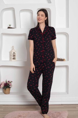 Siyah Önden Düğmeli Kalp Desenli Bayan Pijama Takımı 2785KY - 3