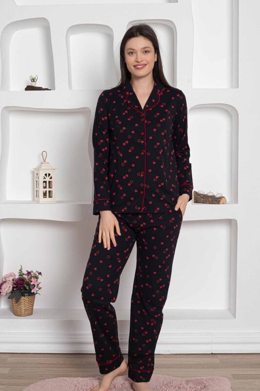 Siyah Önden Düğmeli Kalp Desenli Bayan Pijama Takımı 2785UY - 1