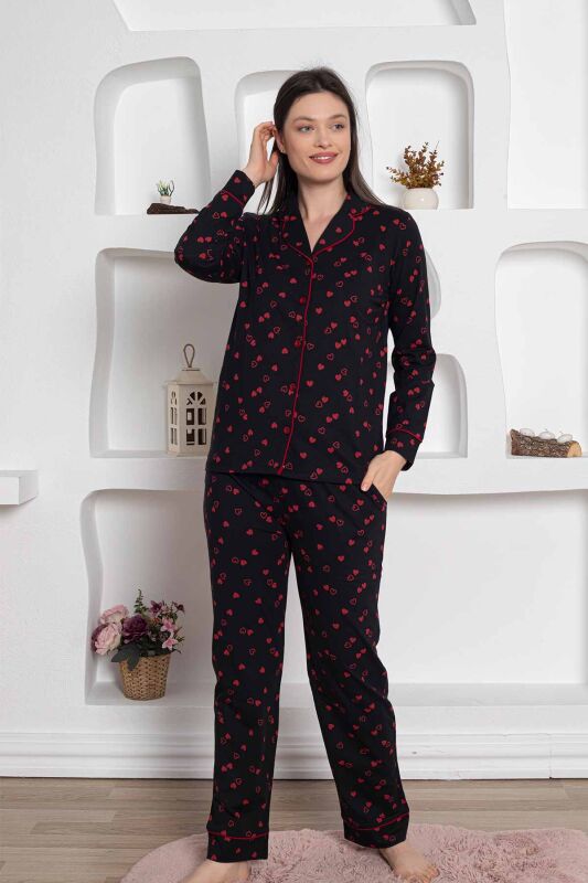 Siyah Önden Düğmeli Kalp Desenli Bayan Pijama Takımı 2785UY - 2