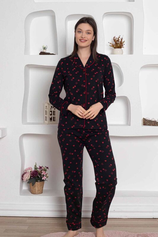 Siyah Önden Düğmeli Kalp Desenli Bayan Pijama Takımı 2785UY - 3