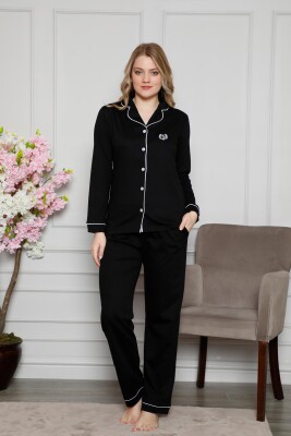 Siyah Likralı Önden Düğmeli Uzun Kollu Bayan Pijama Takımı 2577UKL - 1