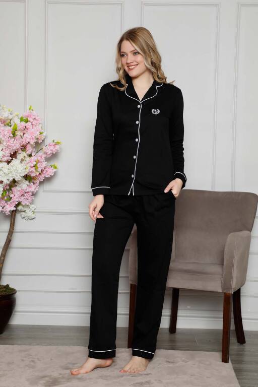 Bayan Pijama Takımı - Siyah Önden Düğmeli Uzun Kollu Likralı Penye 2577UKL - 3