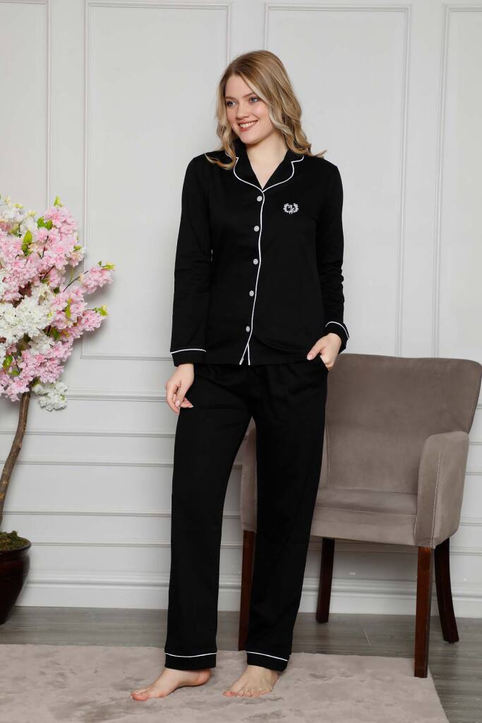 Bayan Pijama Takımı - Siyah Önden Düğmeli Uzun Kollu Likralı Penye 2577UKL - 3