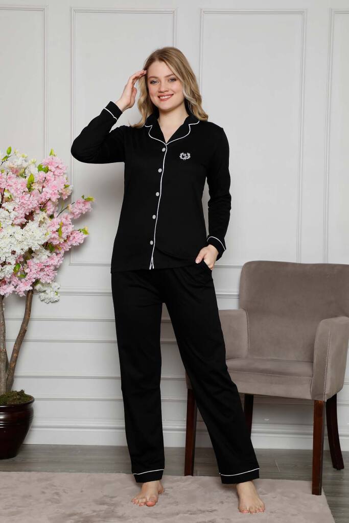 Bayan Pijama Takımı - Siyah Önden Düğmeli Uzun Kollu Likralı Penye 2577UKL - 1