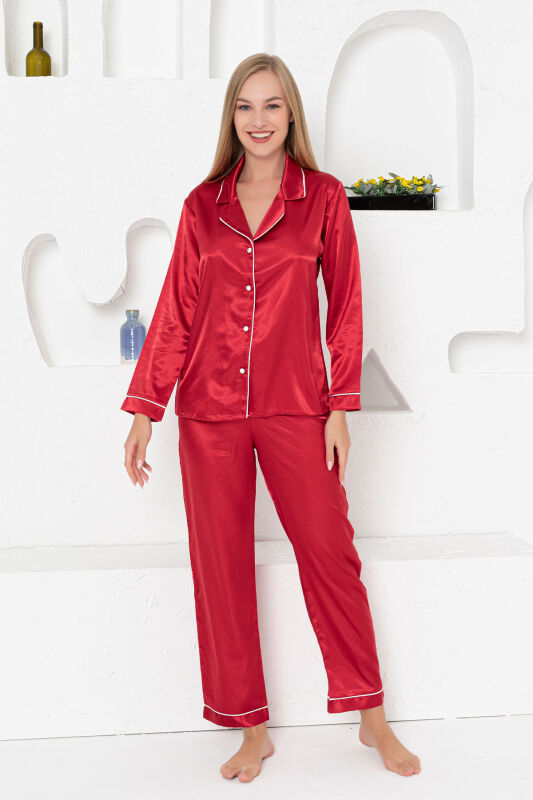 Kırmızı Saten Boydan Düğmeli Kadın Pijama Takımı 8004MS - 4