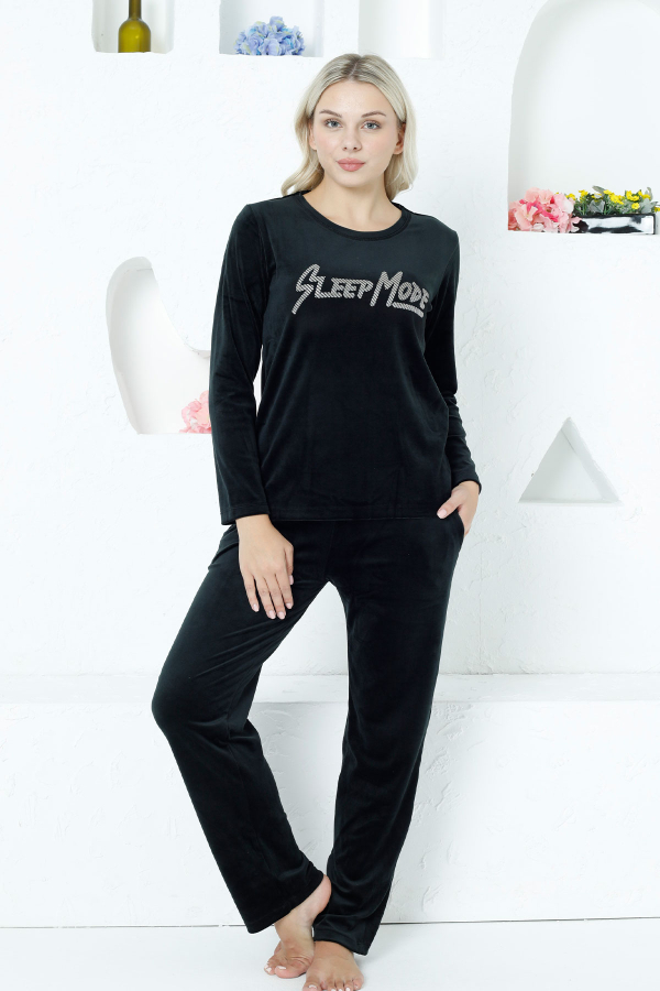 Kadife Kadın Pijama Takımı - Siyah Sleep Mode İthal Kadife Cepli 2752UK - 1