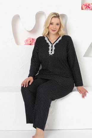 Siyah Süper Soft puantiyeli Süet BATTAL Kadın Pijama Takımı 2750UKB - 4