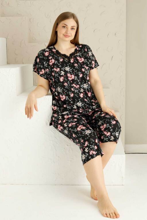 Bahar Dalı Siyah BATTAL Bermuda Bayan Pijama Takımı 2735BB - Alimer