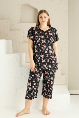 Bahar Dalı Siyah BATTAL Bermuda Bayan Pijama Takımı 2735BB - Alimer