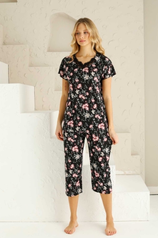 Bahar Dalı Siyah Bermuda Bayan Pijama Takımı 2735B - Alimer